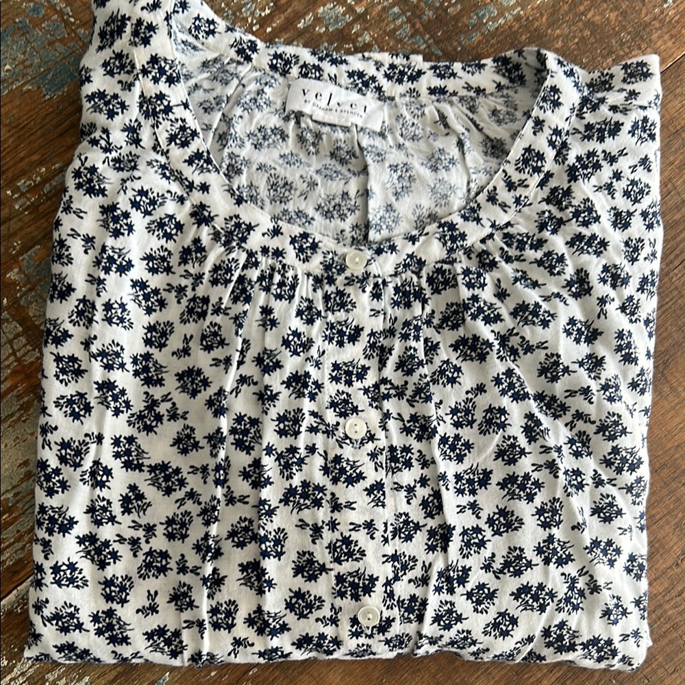 Velvet 3/4 Sleeve Indigo Blue Floral Peasant Blouse, Size XS